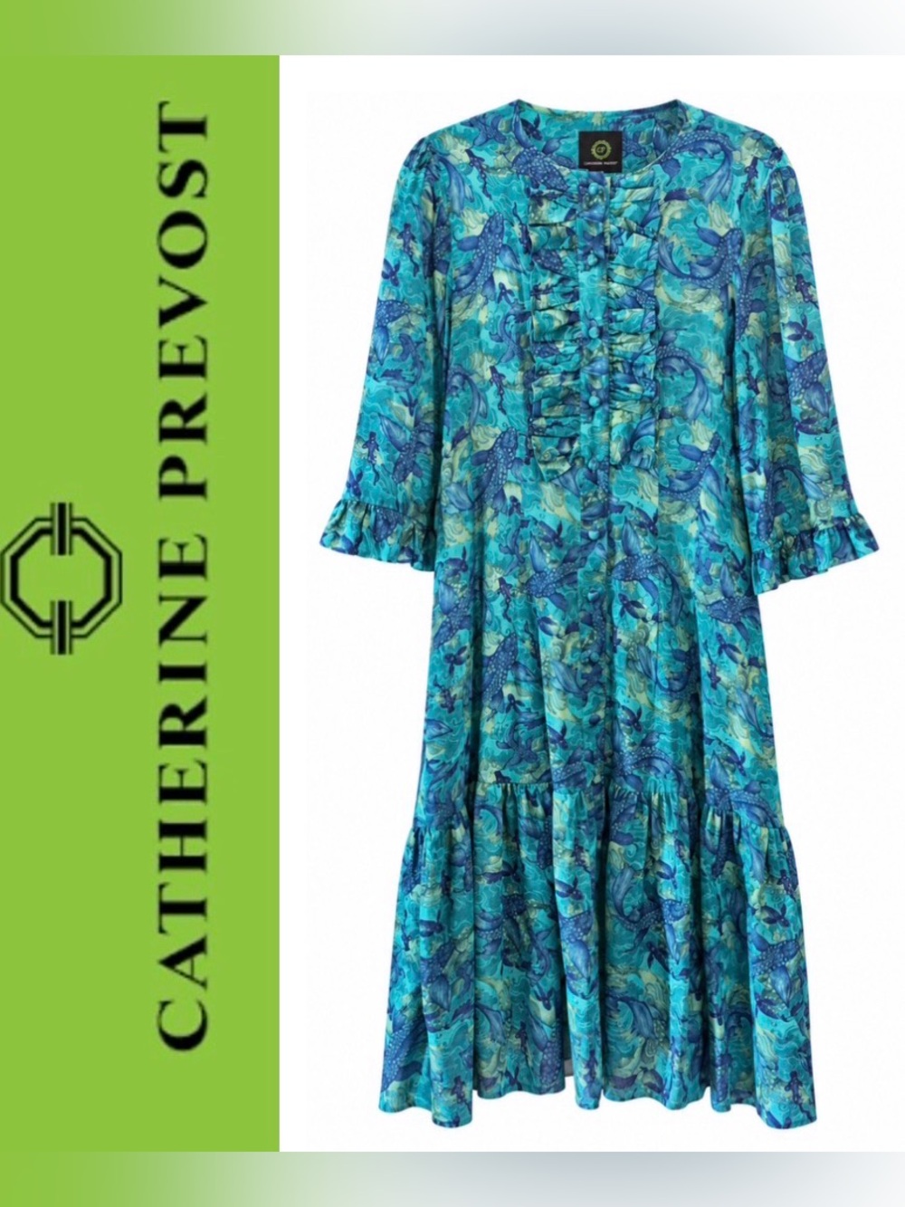 Catherine Prevost 100% Silk Koi Fish Print Ruffle Midi Dress M